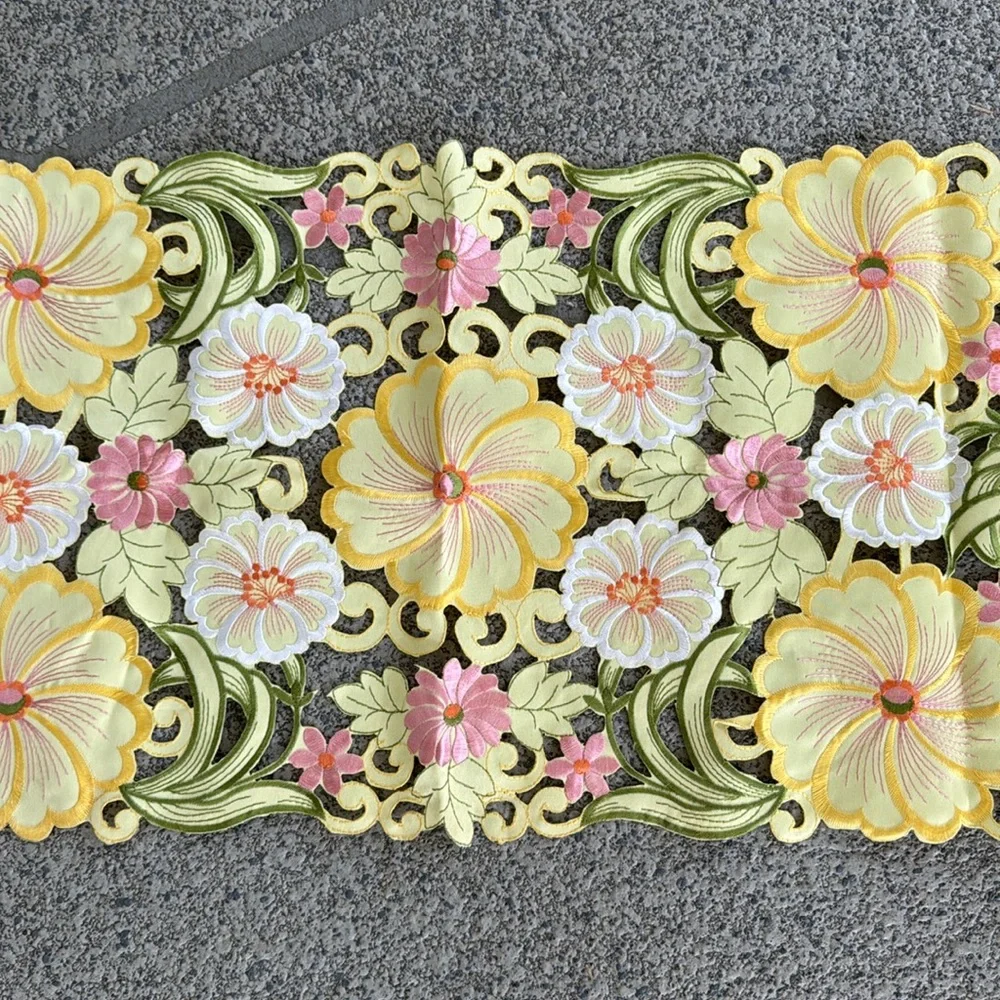 Vintage yellow pink floral embroidered cut out spring Easter table runner 43x15”